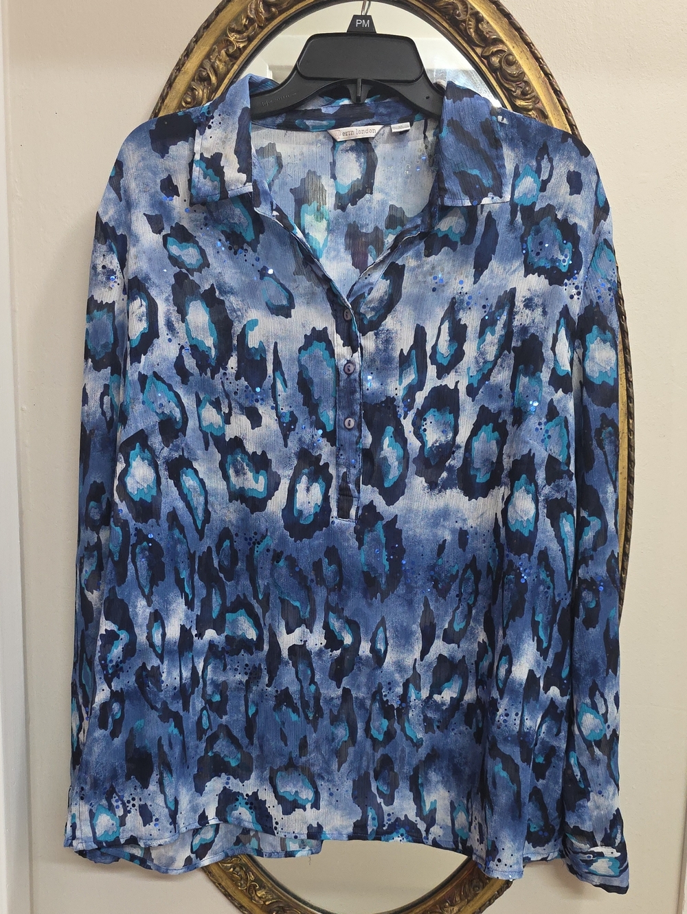 Erin London Blue Multi Leopard-Print Button Front Blouse Sheer Glittery Size XL